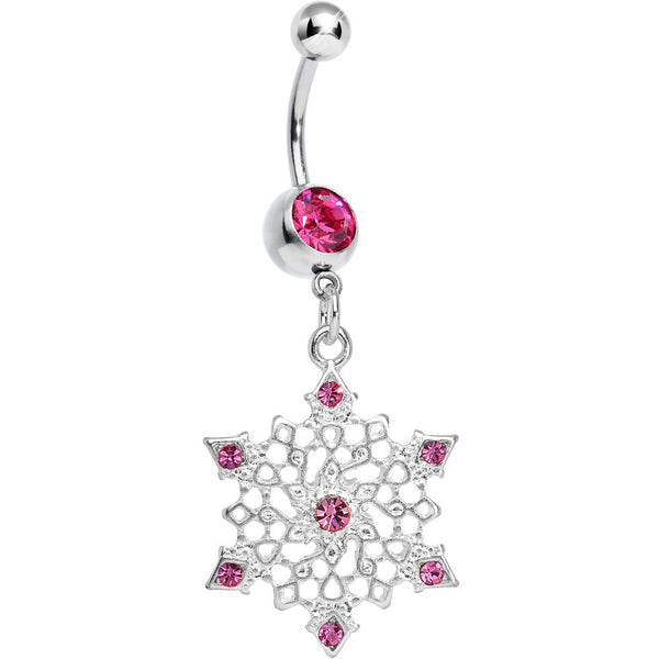 Pink Gem Delicate Winter Snowflake Dangle Belly Ring