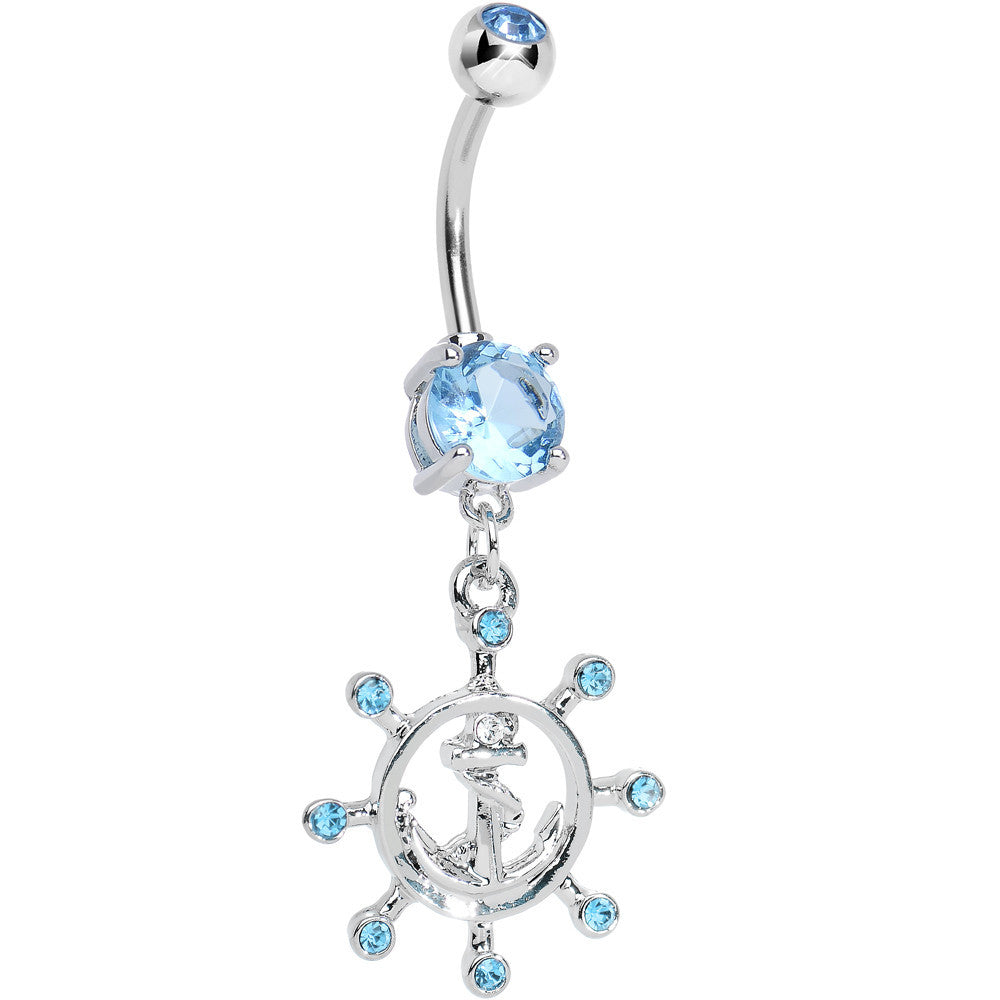 Aqua Gem Sailing in Style Ship Wheel and Anchor Dangle Belly Ring