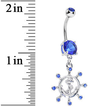 Blue Gem Sailing in Style Ship Wheel and Anchor Dangle Belly Ring