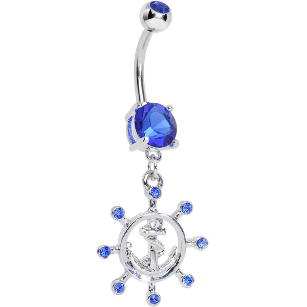 Blue Gem Sailing in Style Ship Wheel and Anchor Dangle Belly Ring