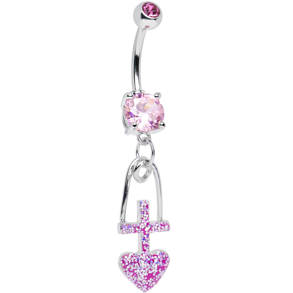 Pink Gem Glitter Cross and Heart Dangle Belly Ring