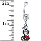 Clear Gem Smiling Seahorse and Red Rose Flower Dangle Belly Ring