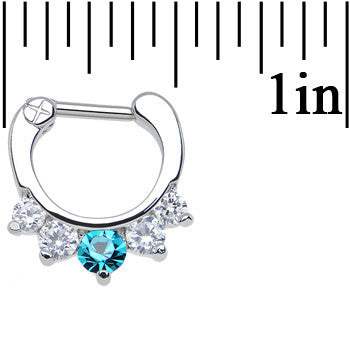 16 Gauge 1/4 Five Clear and Blue Cubic Zirconia Septum Clicker