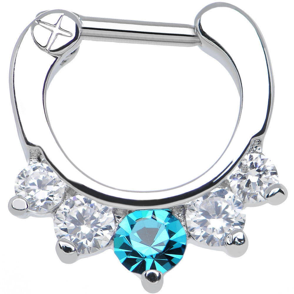 16G 1/4 Five Clear and Blue Cubic Zirconia Septum Clicker
