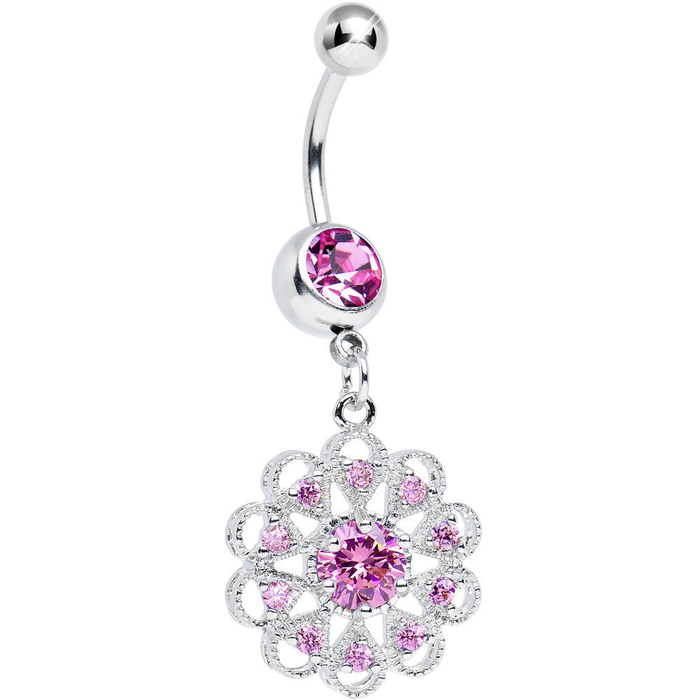 Pink CZ Round Crystal Flower Dangle Belly Ring