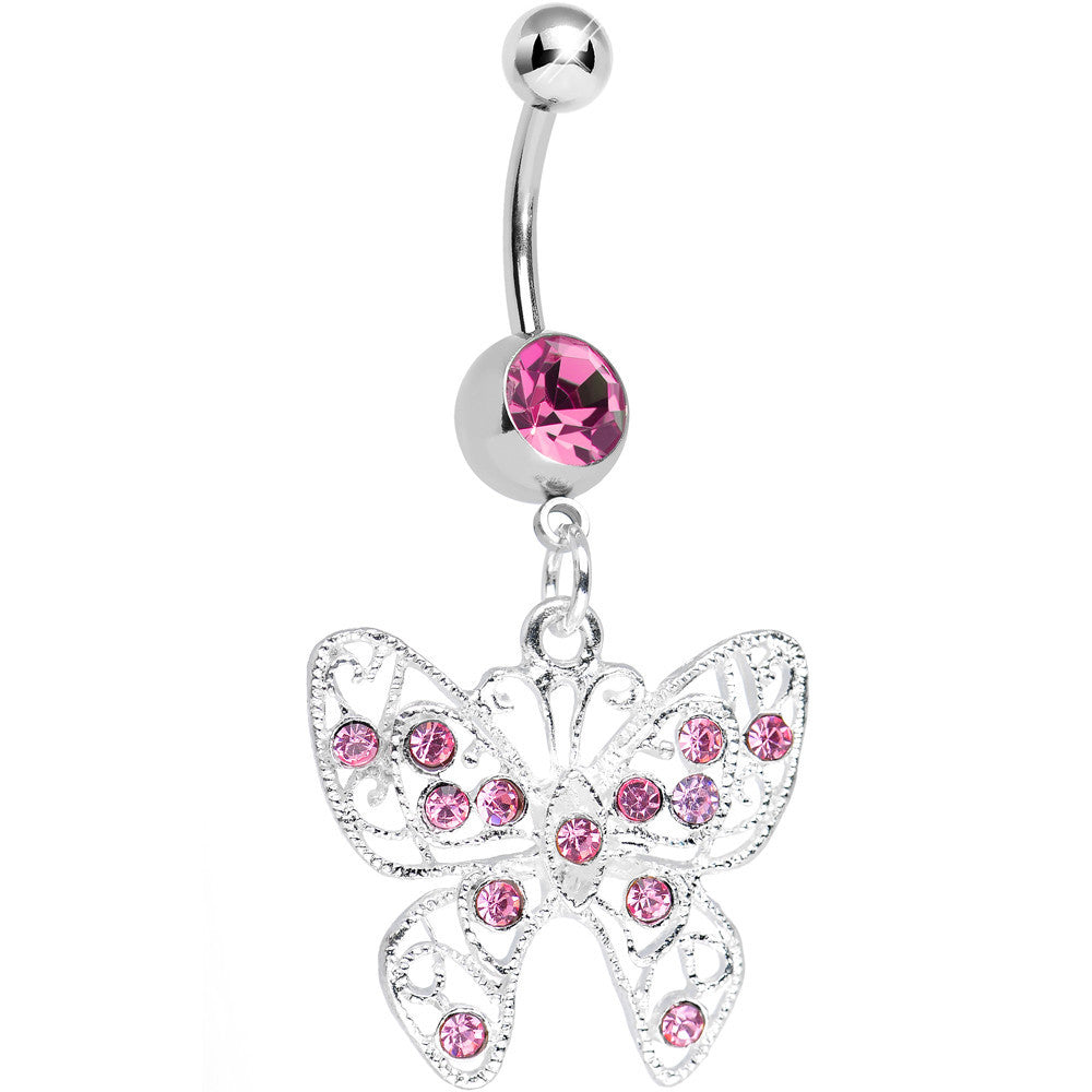 Pink Gem Fancy Filigree Butterfly Belly Ring