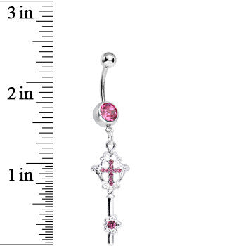 Pink Gem Key to Faith Cross Dangle Belly Ring