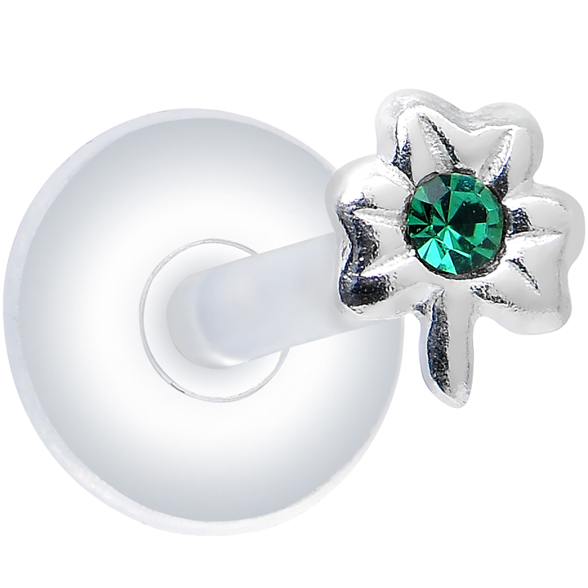 925 Silver Clear Green Cubic Zirconia Shamrock Push-In Labret Monroe