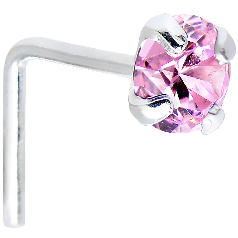 925 Sterling Silver 3mm Round Pink CZ L-Shape Nose Ring