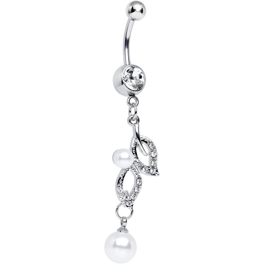 Clear Gem Natural Elegance Leaf Faux Pearl Dangle Belly Ring