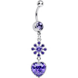 Purple CZ Flower Bomb and Heart Dangle Belly Ring