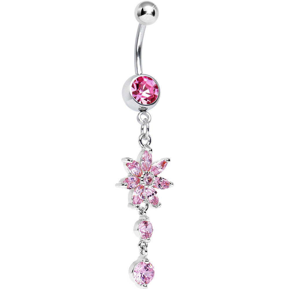 Pink and Clear CZ Spring Flower Dangle Belly Ring