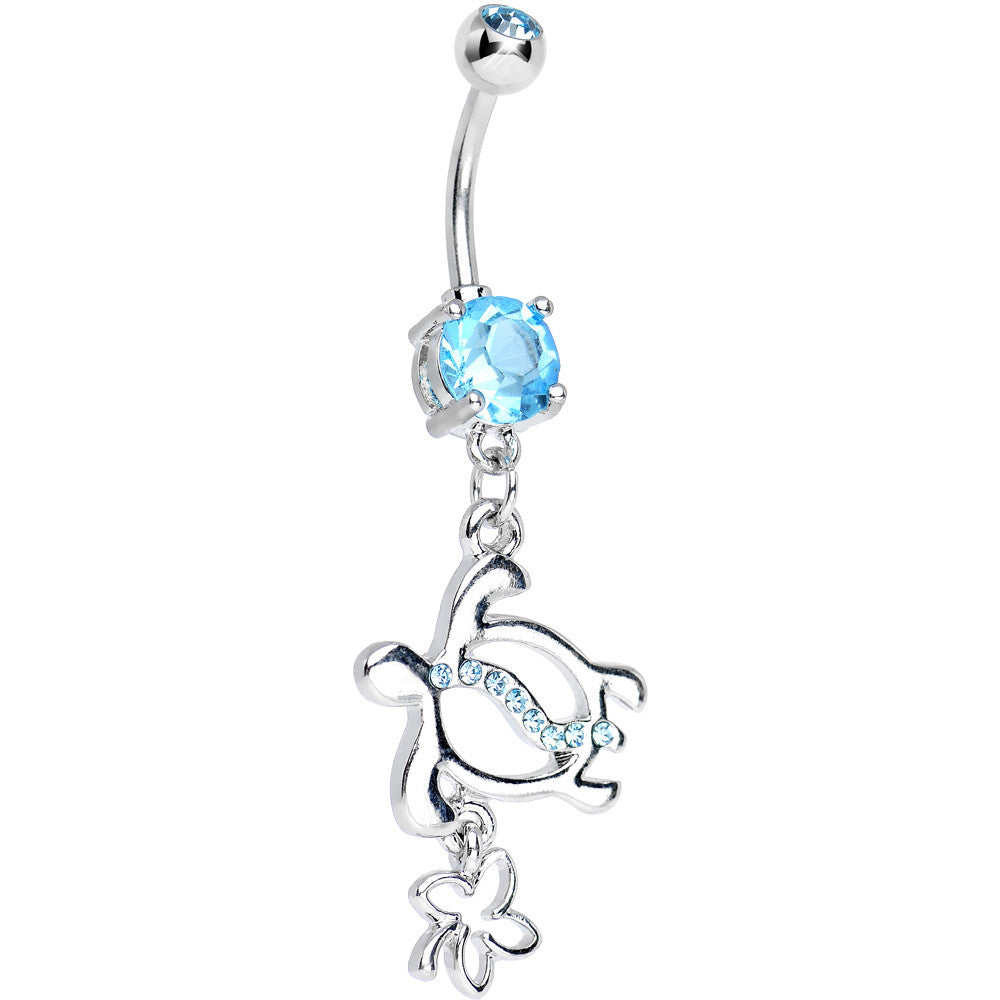 Aqua CZ Turtle with Clover Dangle Belly Ring