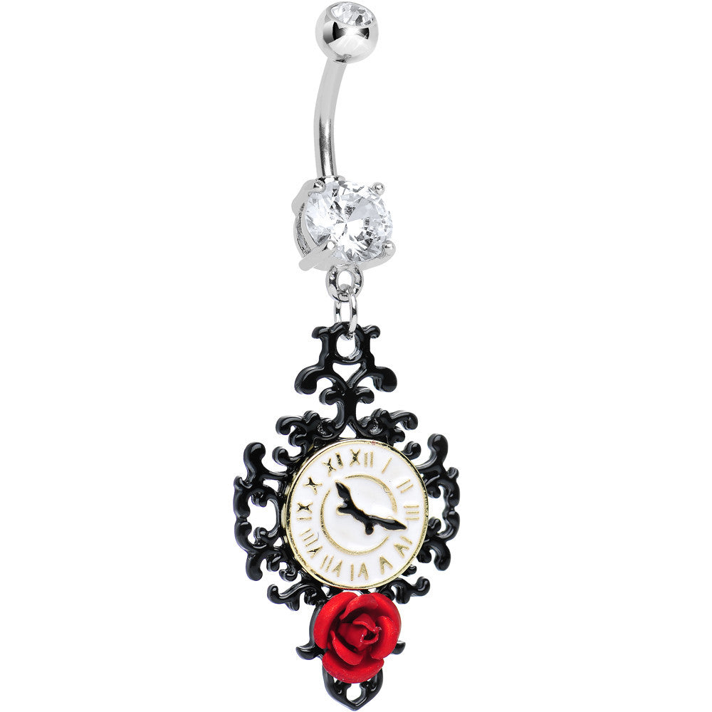Clear Gem Baroque Clock with Red Rose Flower Dangle Belly Ring