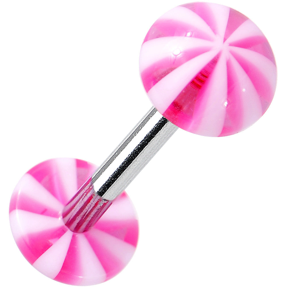 14 Gauge Pink White Acrylic Peppermint Love Barbell Tongue Ring 5/8