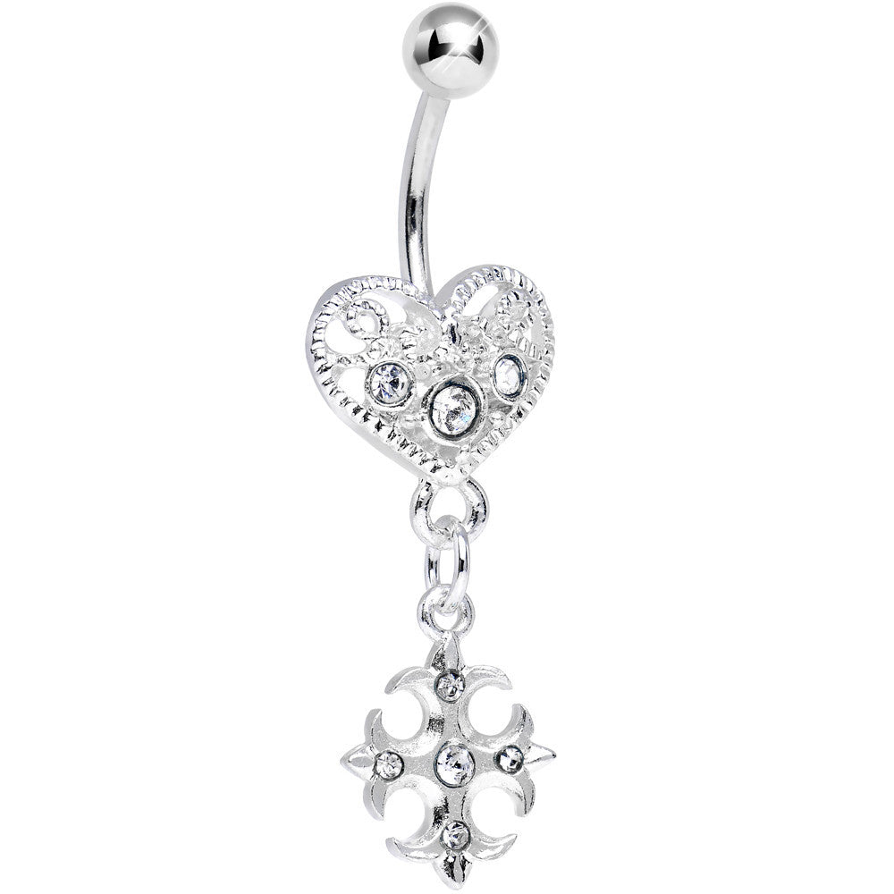 Crystalline Gem Heart with Gothic Cross Dangle Belly Ring