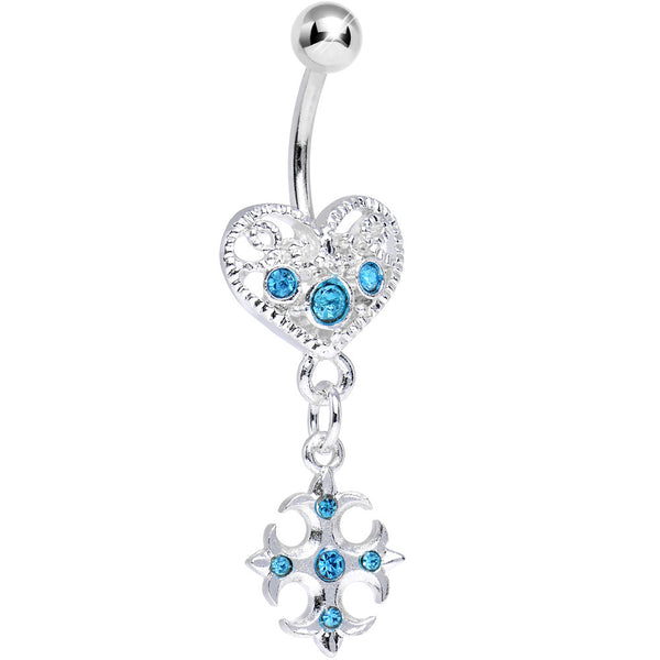 Aqua Gem Heart with Gothic Cross Dangle Belly Ring