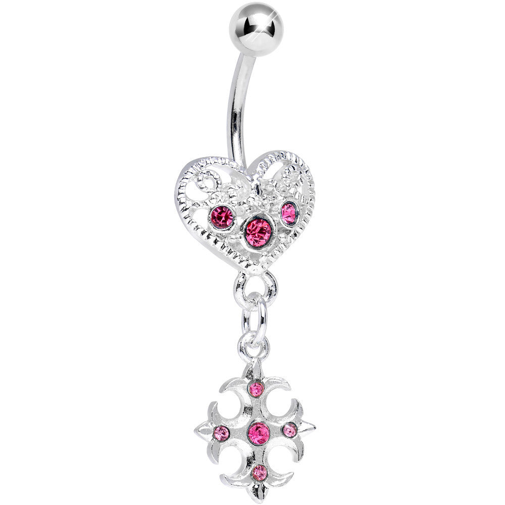 Pink Gem Heart with Gothic Cross Dangle Belly Ring