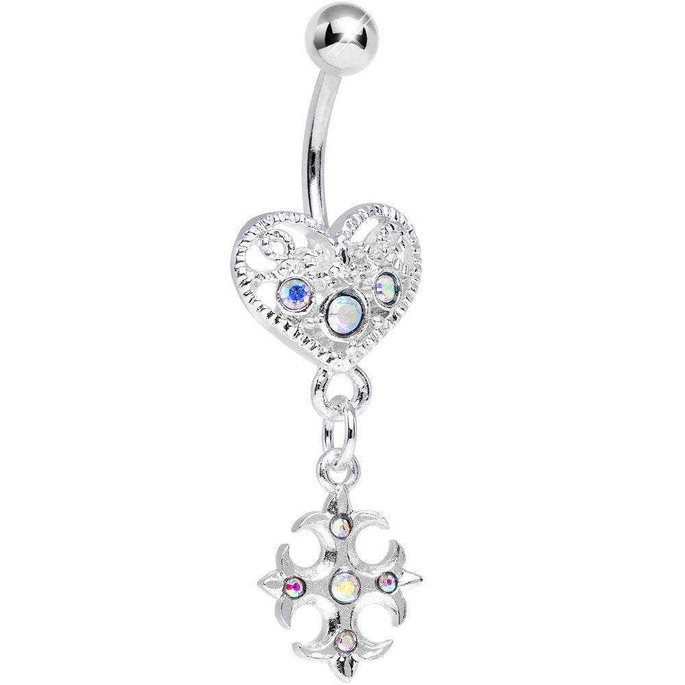 Aurora Gem Heart with Gothic Cross Dangle Belly Ring