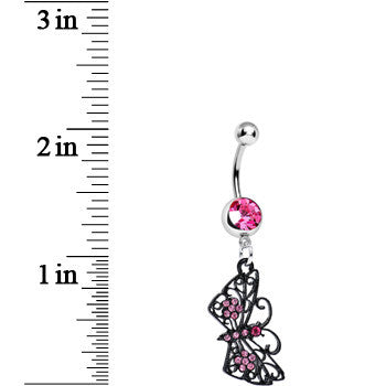Pink Gem Floral Wings Black Butterfly Dangle Belly Ring
