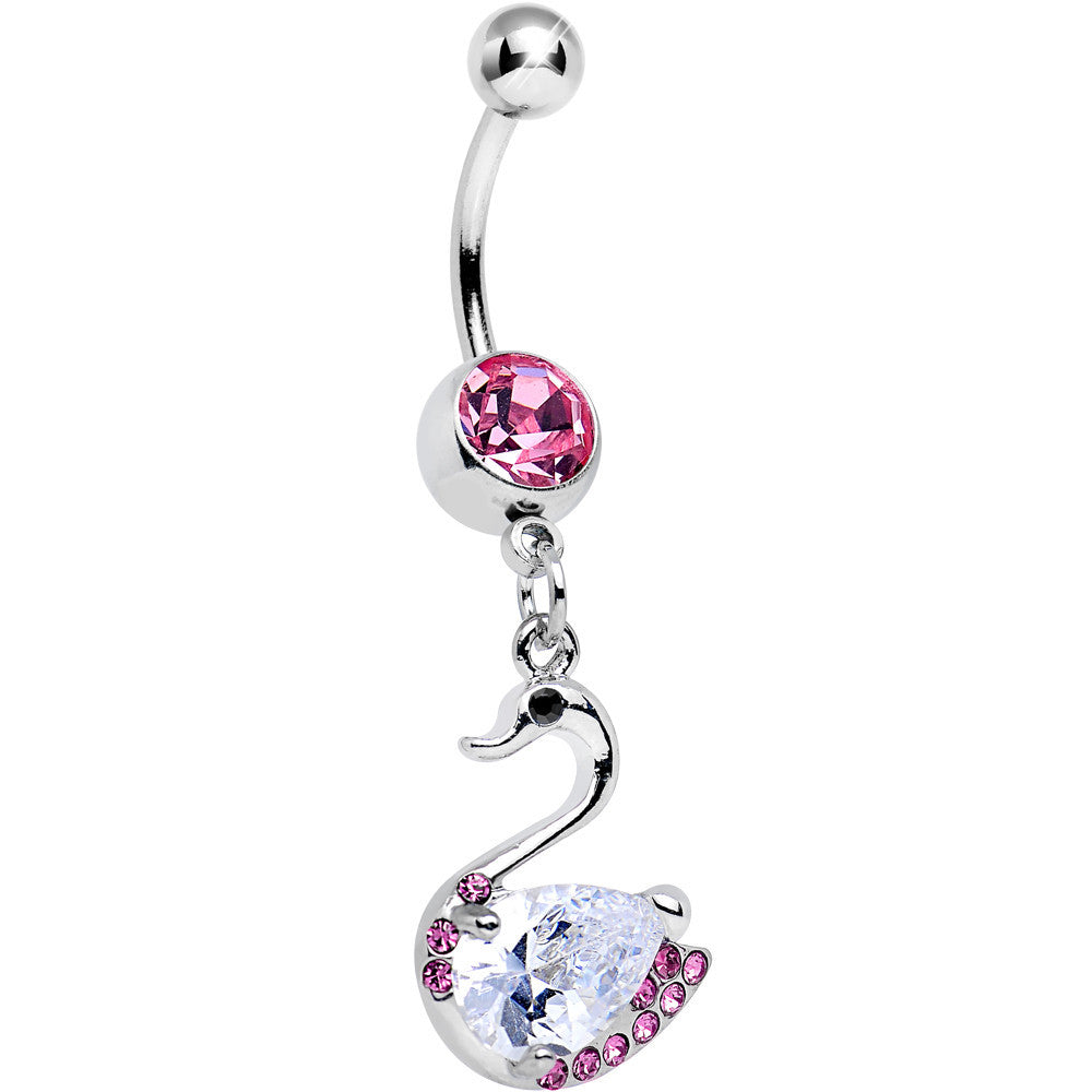 Pink and Clear Cubic Zirconia Elegant Swan Dangle Belly Ring