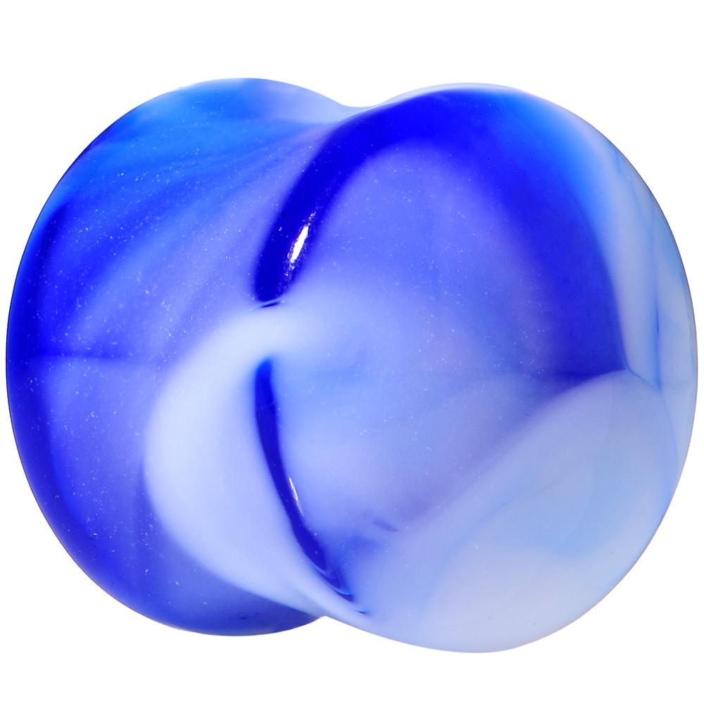 Acrylic Blue and White Marbled Saddle Plug 6 Gauge to 1 Inch