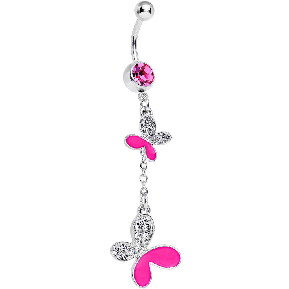 Pink Gem Clear Crystal Wing Butterfly Dangle Belly Ring
