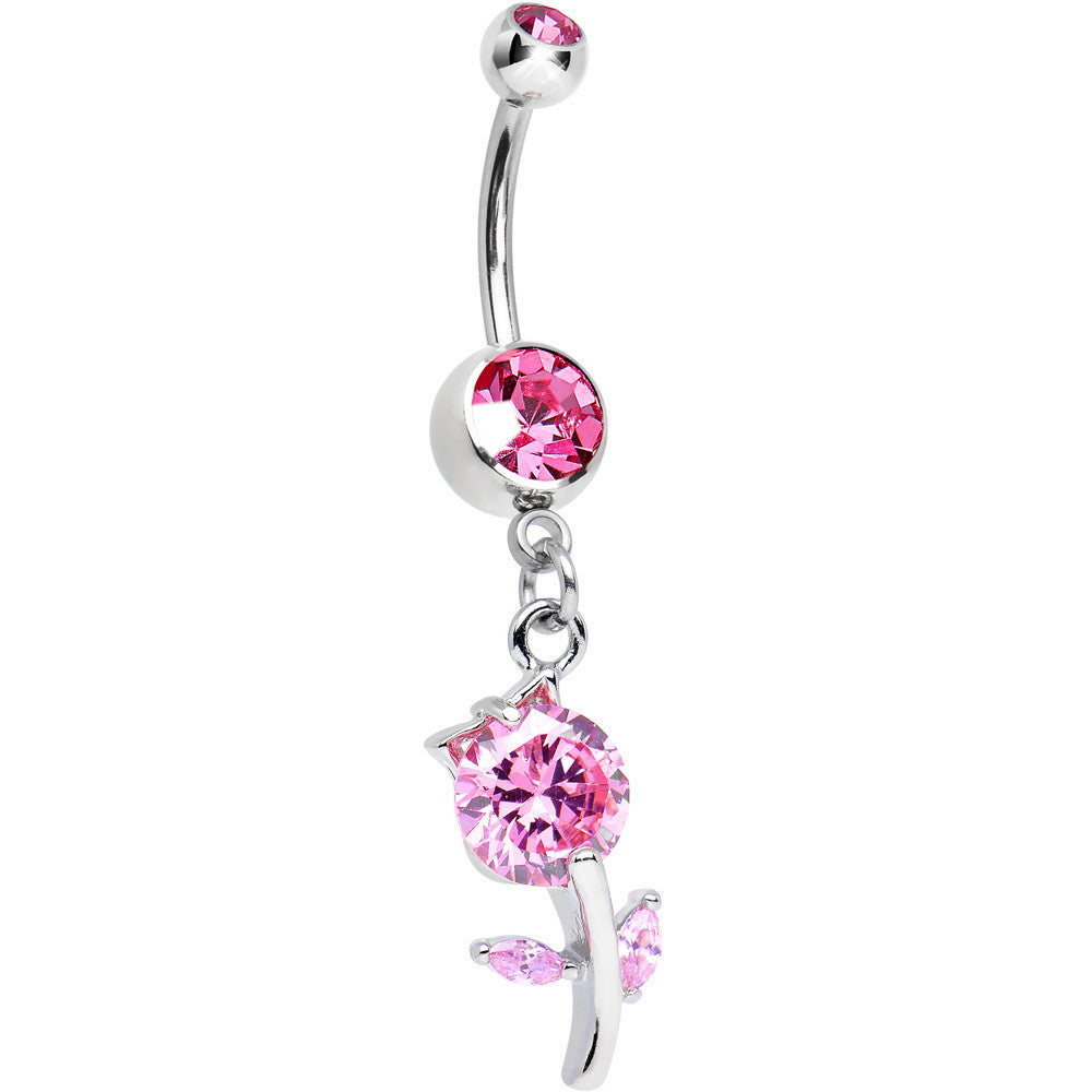 Pink Gem Cheerful Tulip Flower Dangle Belly Ring