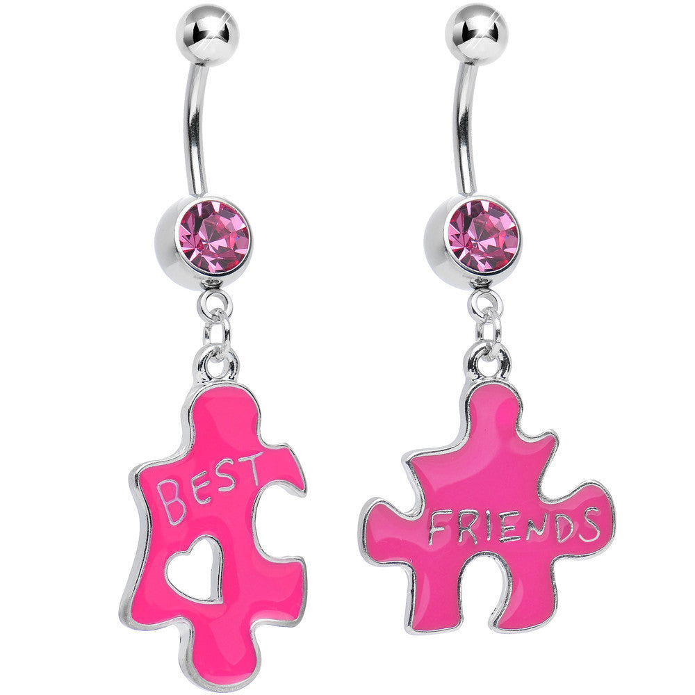 Pink Crystal Double Puzzle Piece Best Friends Dangle Belly Ring Set