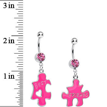 Pink Crystal Double Puzzle Piece Best Friends Dangle Belly Ring Set