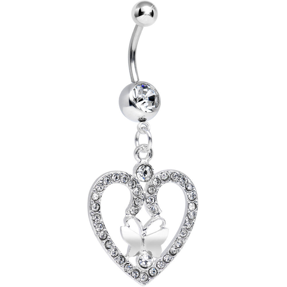 Clear Gem Heart Wreathed Butterfly Dangle Belly Ring
