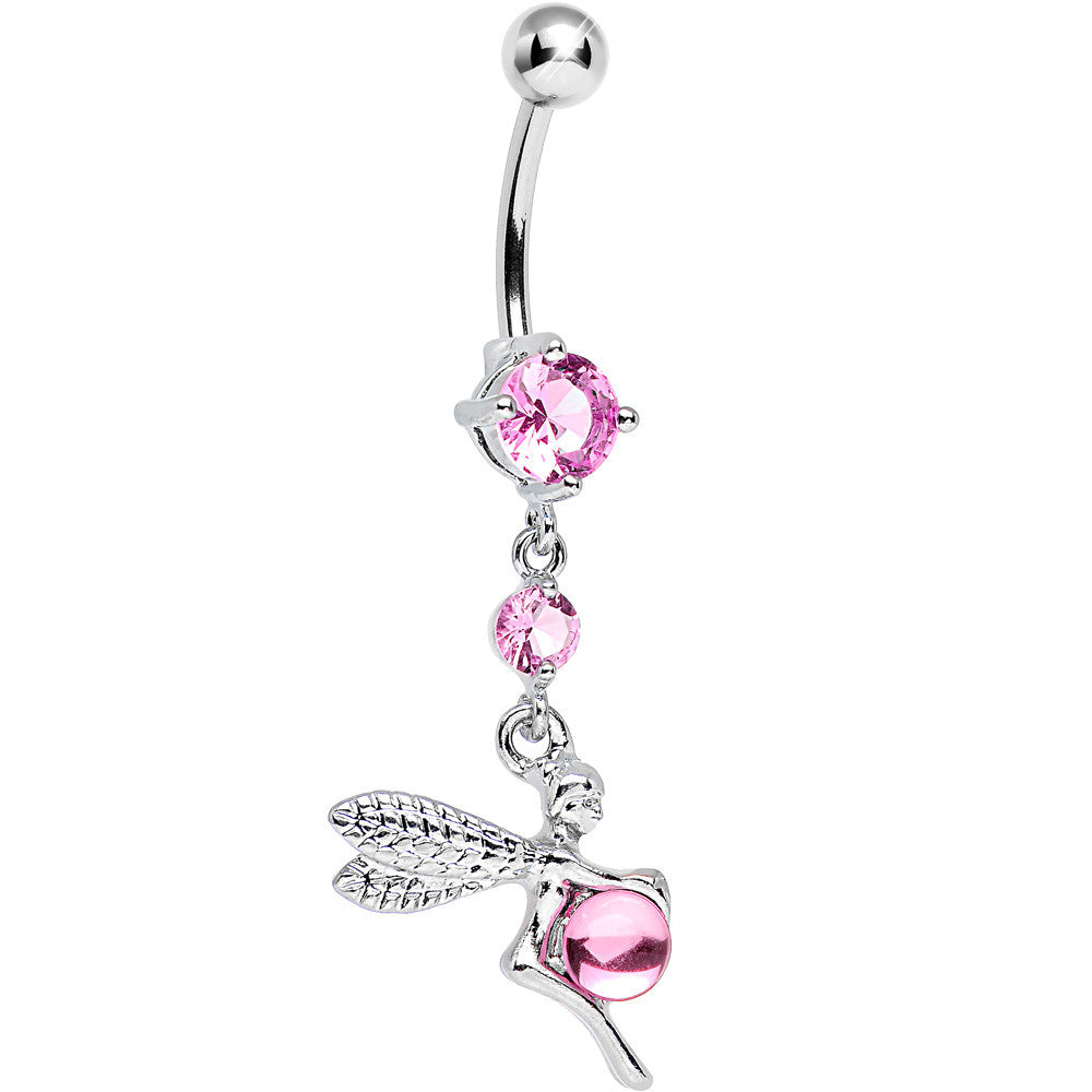Pink CZ Playful Orb and Fairy Dangle Belly Ring