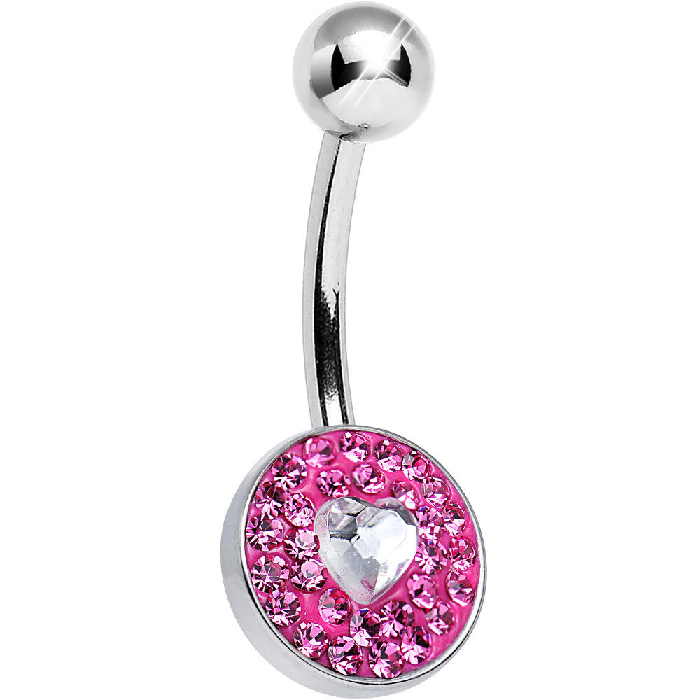 Pink Gem Medallion with Clear Gem Heart Core Belly Ring