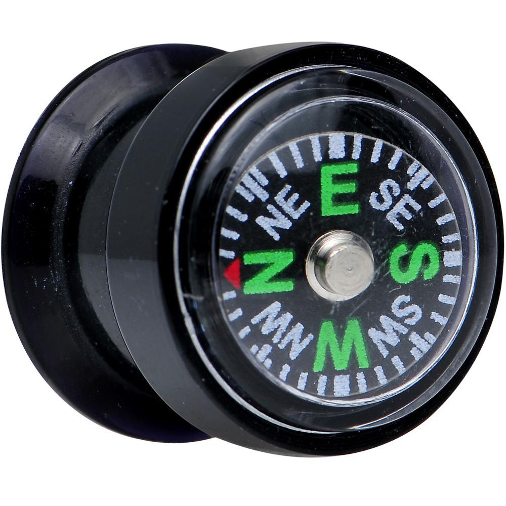 Acrylic Black Find Your Direction Compass Screw Fit Plug 0 Gauge to 1"