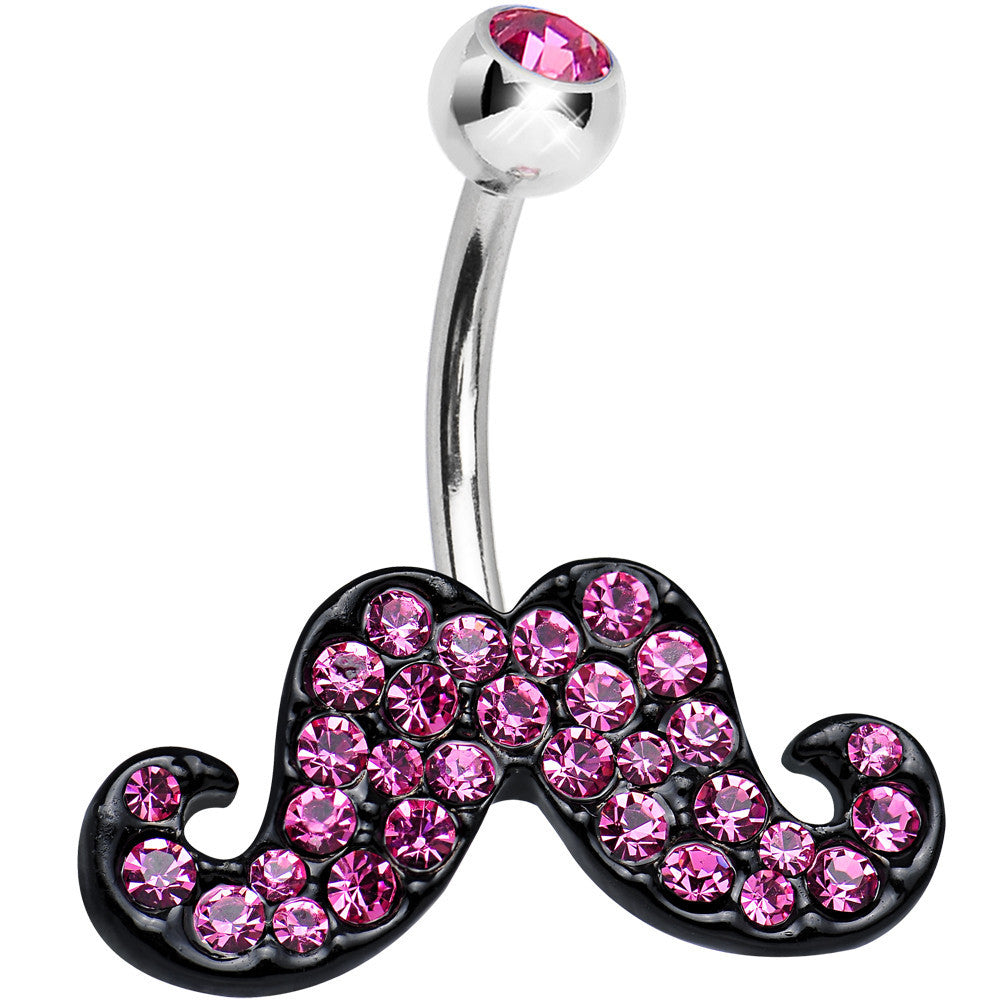 Pink Gem Studded Sparkling Dark Mustache Belly Ring