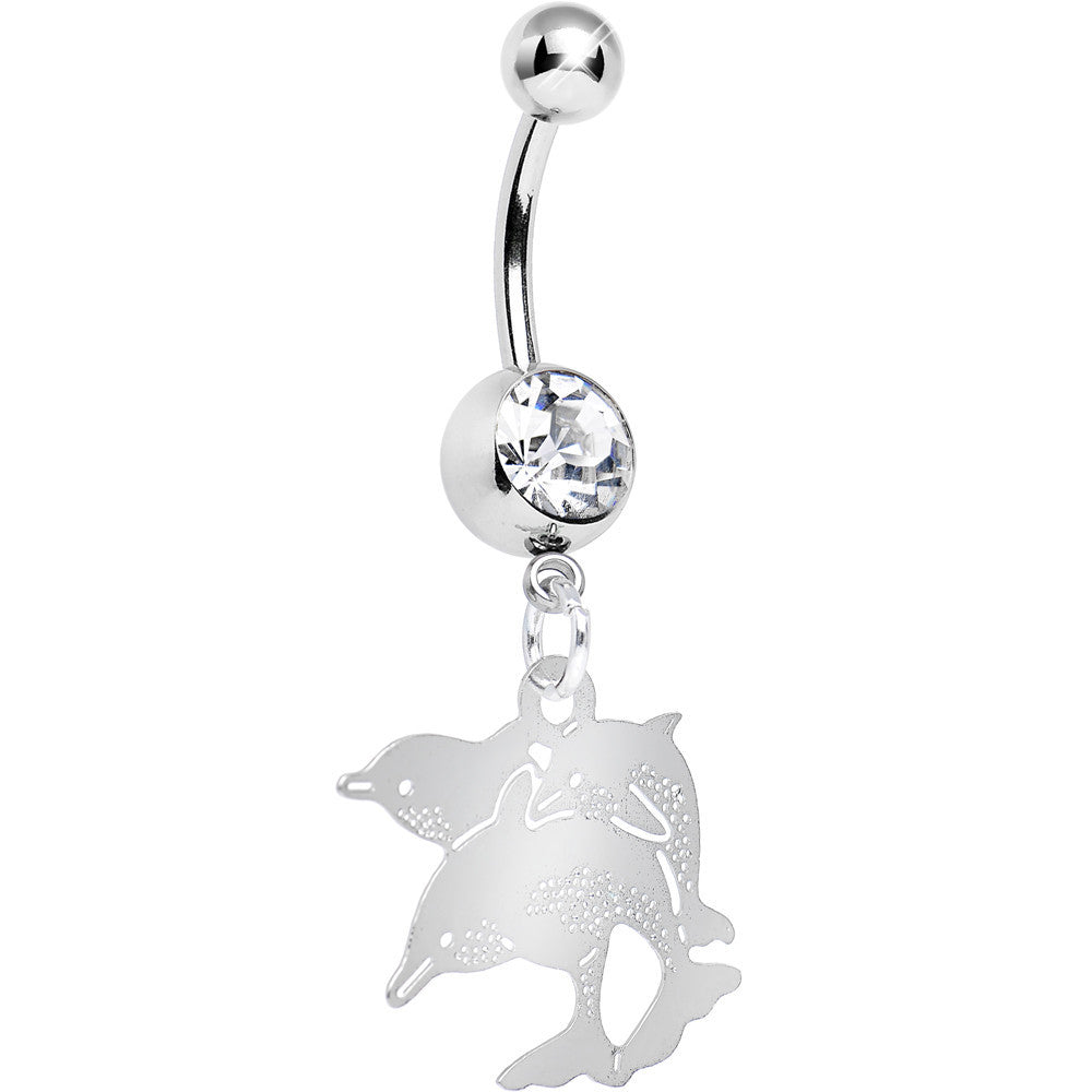 Clear Gem Family of Dolphins Dangle Belly Ring