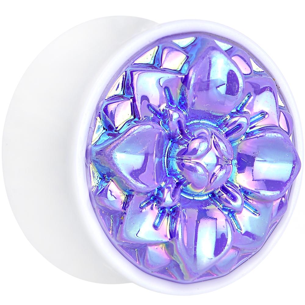White Acrylic Pretty Purple Pearlescent Flower Saddle Plug Available in Sizes 0 Gauge to 25mm