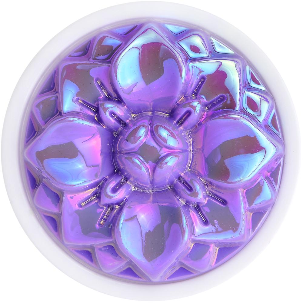 White Acrylic Pretty Purple Pearlescent Flower Saddle Plug Available in Sizes 0 Gauge to 25mm