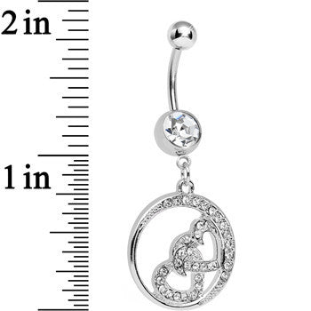 Clear Crystal Joined Double Encircled Heart Dangle Belly Ring