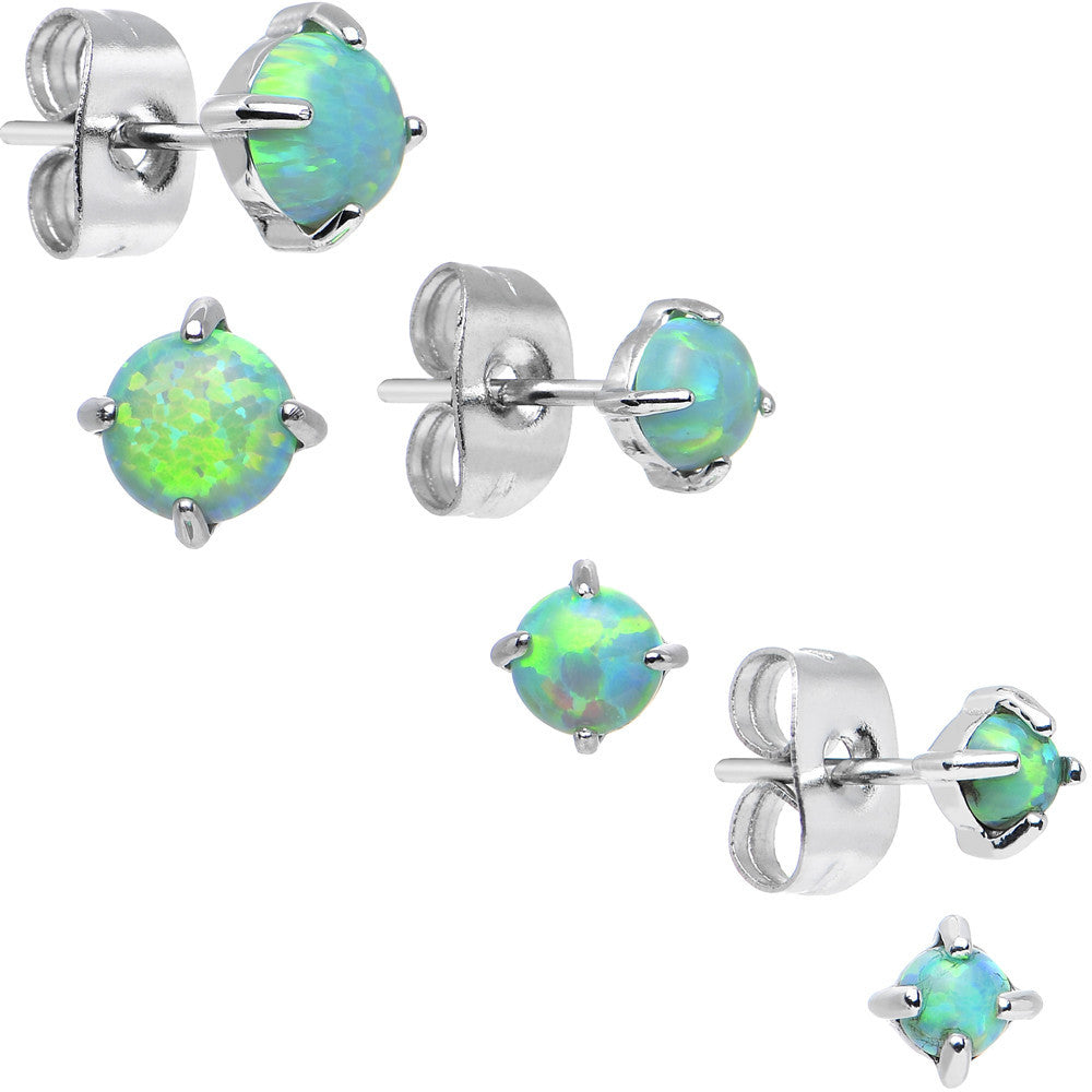 Brilliant Green Synthetic Opal Stud Earrings 3 Pair Set