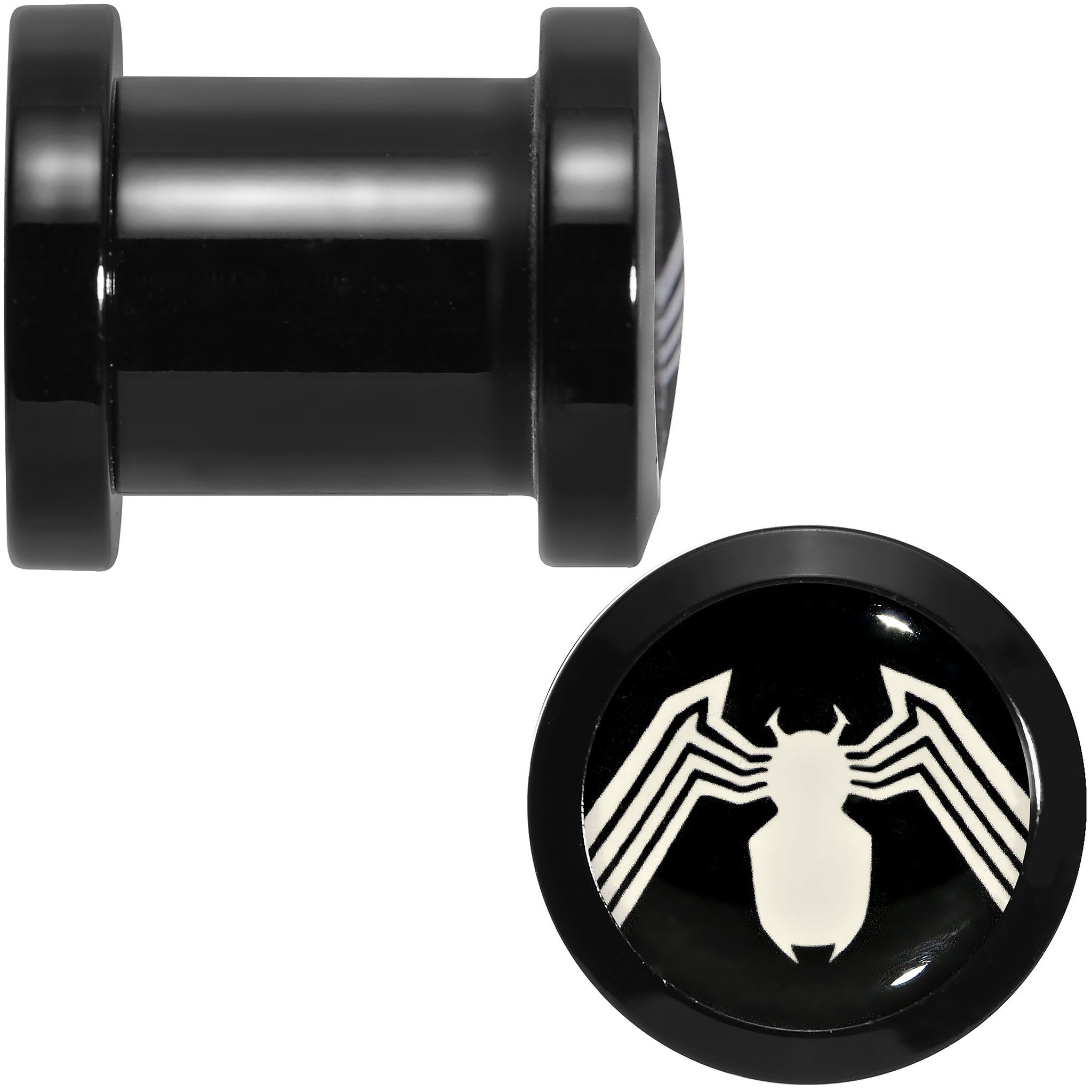 0 Gauge Licensed White Spider-Man Logo Black PVD Screw Fit Plugs Set