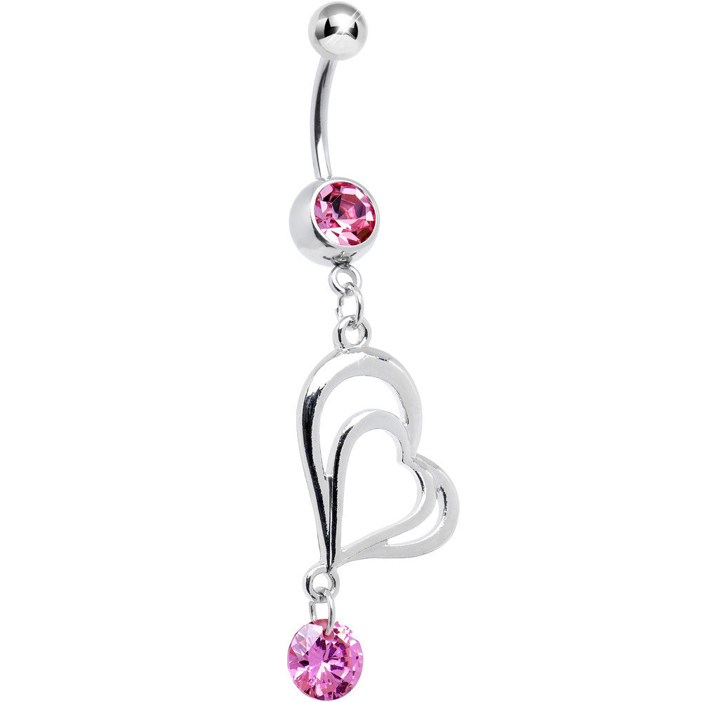 Pink CZ Enchanted by Love Hollow Twin Heart Dangle Belly Ring