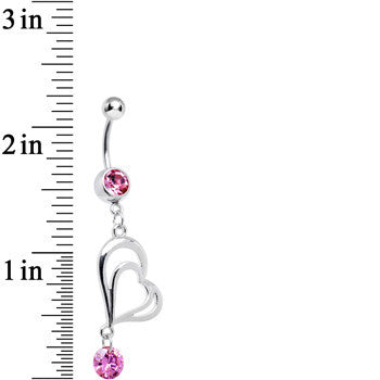 Pink CZ Enchanted by Love Hollow Twin Heart Dangle Belly Ring