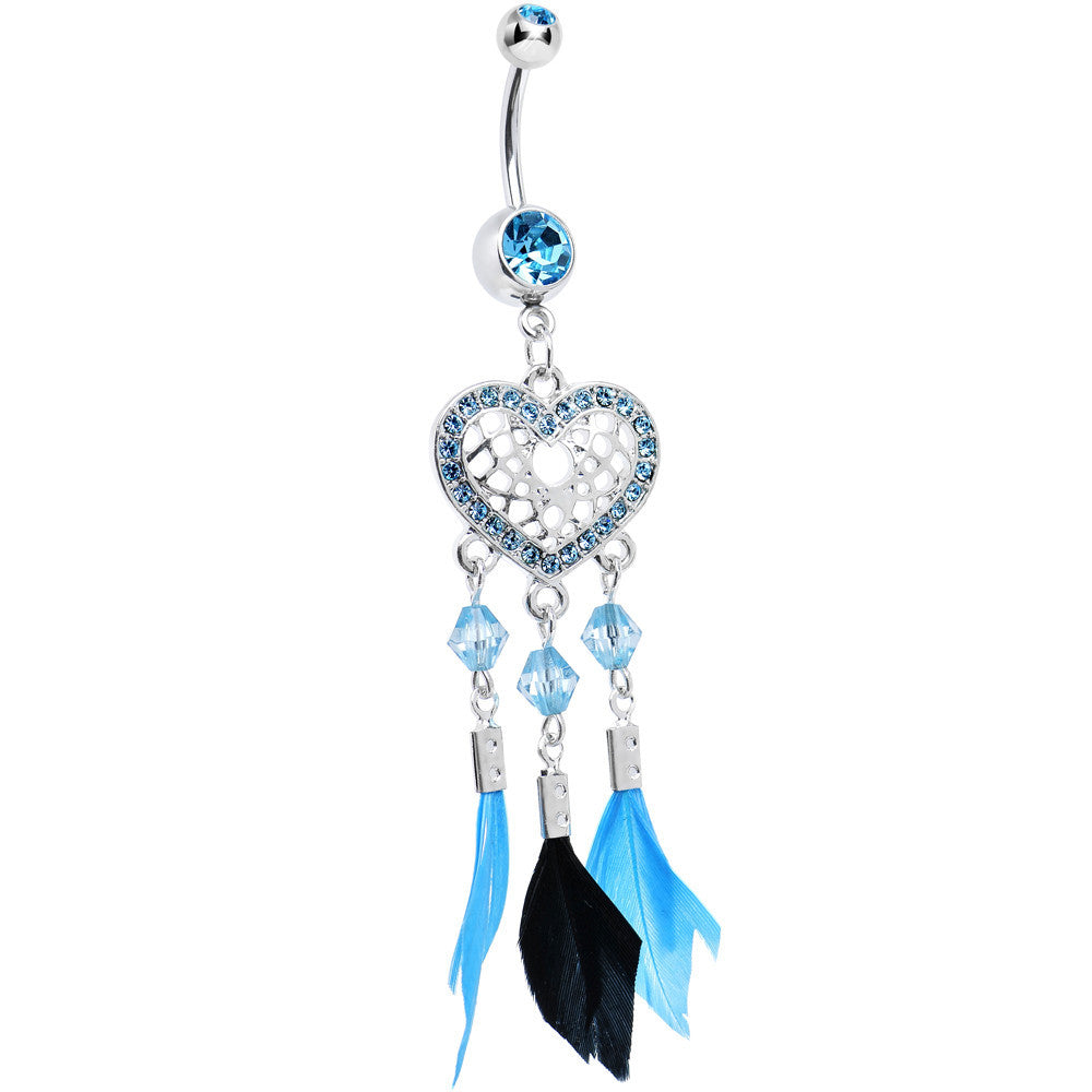 Aqua Gem Blue and Black Feather Flutter Heart Dangle Belly Ring