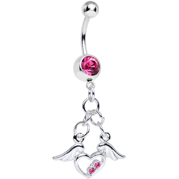 Pink Gem Elevated Love Winged Heart Dangle Belly Ring
