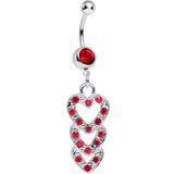 Red Gem Triple Trickle Heart Dangle Belly Ring