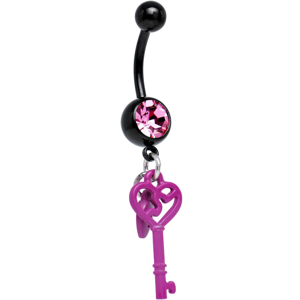 Pink Gem Black Plated Unlock the Secret Skeleton Key Dangle Belly Ring