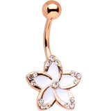 Clear Gem Rose Gold Plated White as Falling Snow Flower Belly Ring