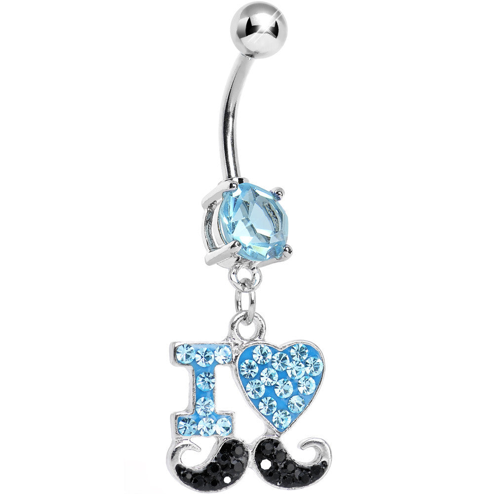 Aqua and Black Gem Paved I Heart Mustache Dangle Belly Ring