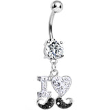 Clear and Black Gem Paved I Heart Mustache Dangle Belly Ring